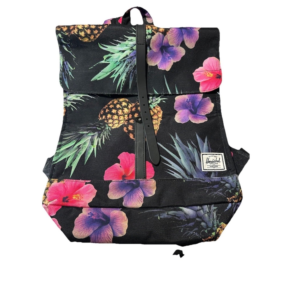 Herschel Supply Co Floral Backpack 18x13 Flap Pockets Black Pineapple Tropical
